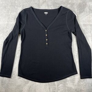 Y2K Old Navy Henley Long Sleeve Ribbed Knit Top Womens L Slim Fit Black Everyday